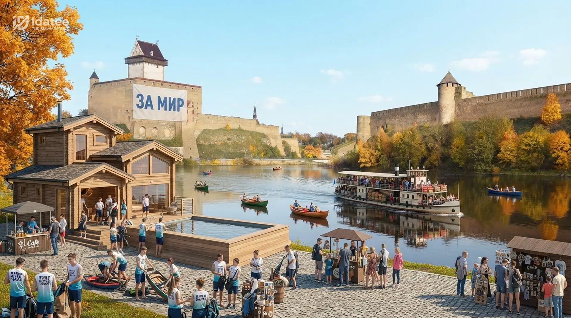 Illustrated view of the Narva river between two fortresses